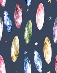 Abstract oval shapes, watercolor style, on dark background, with scattered stars
