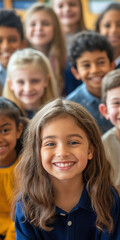 Obraz premium Latina girl surrounded by her classmates, all diverse and smiling