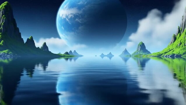 Fantasy alien planet reflection over calm ocean with green mountains