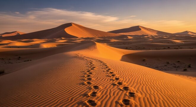 A photorealistic image of a desert with sand dunes at sunset, with warm golden tones and footprints visible, creating a vast and dramatic landscape. - Powered by Adobe