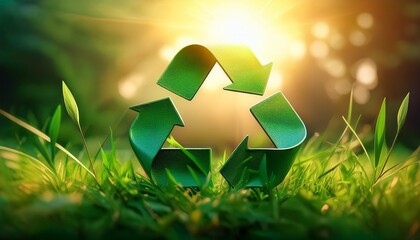 green recycling symbol in the grass with the sun shining behind it