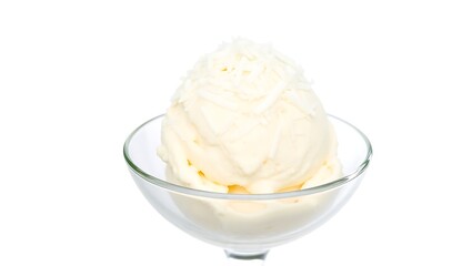 A scoop of vanilla ice cream in a clear glass bowl on a clean white background in a studio setting coconut 