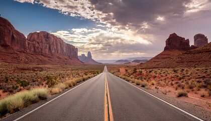 a long road stretching through a desert canyon with rocky cliffs and distant mountain peaks under cloudy skies
