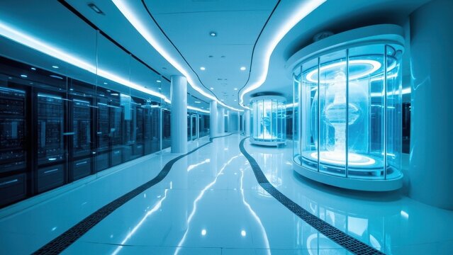 Futuristic server room corridor with rotating hologram displaying global network - Powered by Adobe