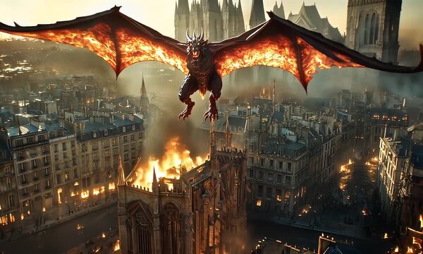 Fiery dragon soars over a burning Parisian cityscape