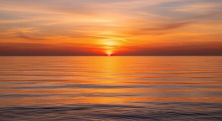 A photorealistic image of a sunset over the ocean horizon, with glowing orange and pink tones and calm waves, creating a peaceful natural beauty.
