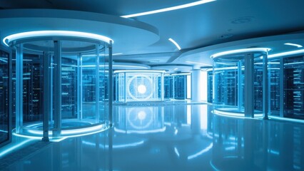 Futuristic server room hosting big data with powerful processing units