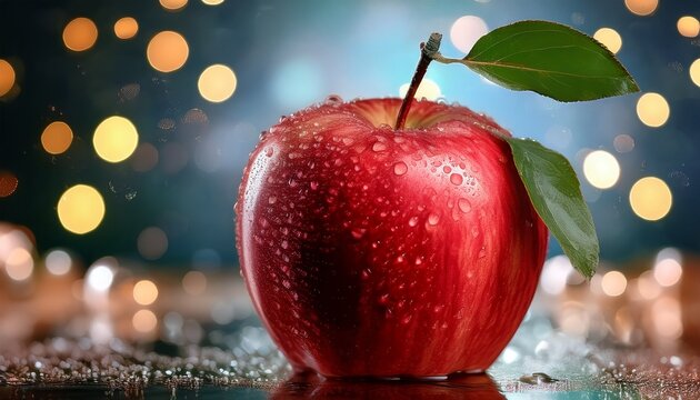 a vibrant red apple with a stem and leaves surrounded by glistening water droplets and bokeh lights