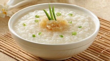 Creamy Rice Porridge with Green Onion Garnish in White Bowl