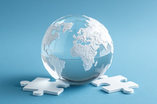 Clear glass globe of Earth resting on white puzzle pieces against a light blue background - Powered by Adobe