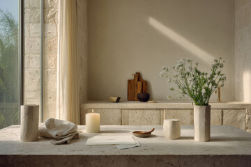 beautifully arranged letter on wooden desk surrounded by natural textures like stone and wood
