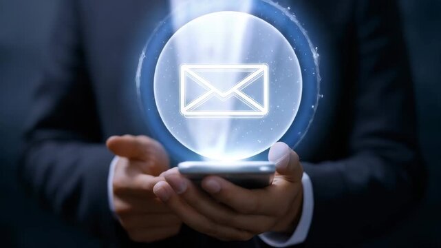 Businessman engages with smartphone as glowing email icon emerges, showcasing digital communication in a modern setting