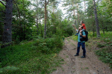 Hiking in the forest. Father and the son playing and exploring woodlands. Parents and kids together on woodland trail, inclusive family moment.