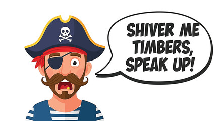 A cartoon pirate with an eyepatch and hat exclaims 'Shiver me timbers, speak up!' from a speech bubble.