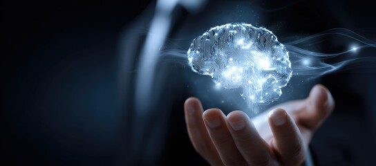 A hand holds a glowing, digital representation of a brain, set against a dark background