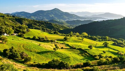 Lush green hills under a clear sky with distant mountains and a serene lake in the background