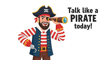 Cartoon pirate with eye patch, hook hand, and telescope, with text 'Talk like a Pirate today!'.