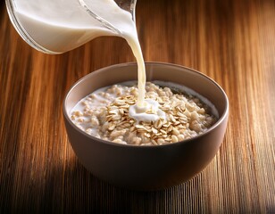 bowl of oatmeal with a drizzle of milk poured into it