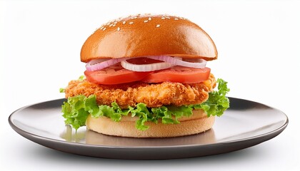 delicious crispy chicken burger sandwich with lettuce tomato and onion on a white plate isolated