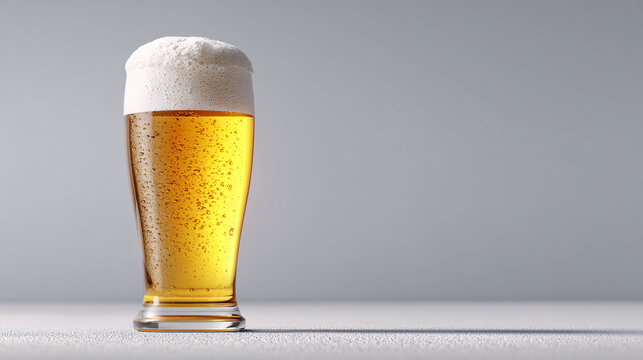 single frosty beer glass with rich golden ale and thick foam cap, on light grey background, crisp cold detail, minimalist autumn beverage with negative space