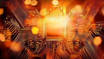 abstract glowing circuit board pattern with bokeh effect and warm orange and yellow color scheme visible