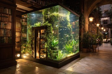 Fototapeta premium Library Aquarium Installation, Night, Interior, Plants, Fish, Dining