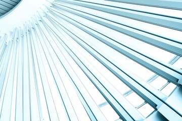 Obraz premium Futuristic indoor architectural glass texture close-up with light blue metal lines and light gray gradient background, symmetrical composition and fisheye reflection effect