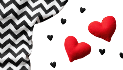 Black and white zig-zag fabric with red hearts