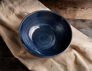 dark blue bowl sits on a rustic wooden table covered with beige linen cloth
