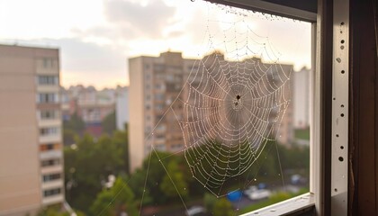 Spiderweb with Dew in Window Frame Overlooking City Buildings
