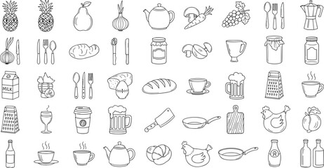 Food and kitchen icon set, fruit, vegetable, bread, dairy, beverage, utensil vector illustration, black line drawings, cooking and culinary design0