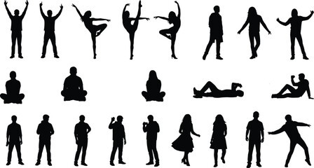 Set of human silhouette poses, standing, sitting, and dynamic movement positions, vector illustration of body language, gestures, and expressive stances collection