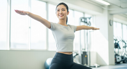 ヨガ・ピラティスをする女性 スポーツジム