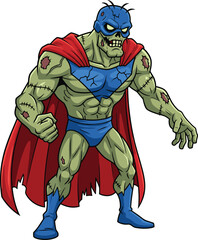 Cartoon zombie superhero, muscular undead character, Halloween vector illustration, green skin, red cape, blue mask, spooky yet fun design, creepy but playful style