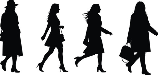 Women walking silhouette set, fashion figure icons, coat and handbag vector, stylish outfit illustration, black isolated shapes, street style clothing design
