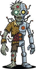 Cyborg zombie hybrid, half robot half undead, sci‑fi horror vector illustration, green decaying skin, mechanical parts, creepy yet cool design, futuristic monster concept