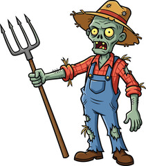 Cartoon zombie farmer character, undead in straw hat and overalls, horror Halloween design, holding pitchfork, spooky vector illustration, creepy scarecrow‑style monster character