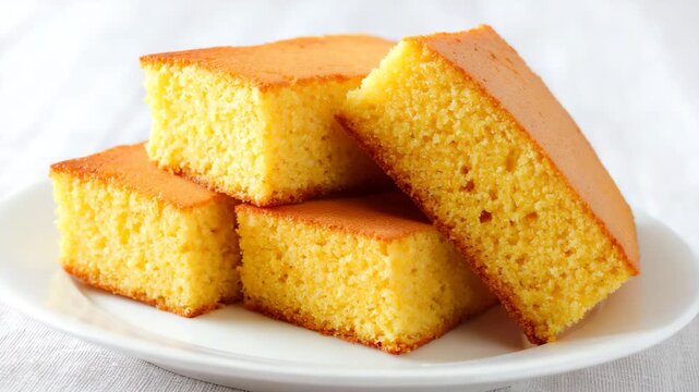 Stacked golden cornbread squares on a white plate, highlighting their fluffy texture and inviting appearance, perfect for culinary delights