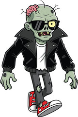 Cartoon zombie character in leather jacket, undead with exposed brain, horror Halloween design, sunglasses and sneakers, spooky vector illustration, creepy modern monster character