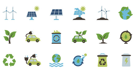 Set of colorful flat style vector icons for ecology, green energy, and sustainability concepts like solar, wind, and recycling.