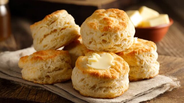Freshly baked biscuits are stacked on a rustic cloth, showcasing melting butter on top, creating a warm and inviting kitchen atmosphere