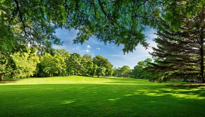 Obraz premium a lush green lawn stretches out underneath a canopy of vibrant trees creating a peaceful and inviting natural backdrop