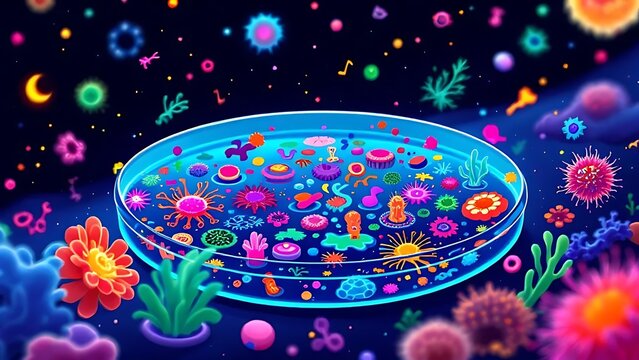A Petri dish full of colorful microbial life forms and copy space for text
