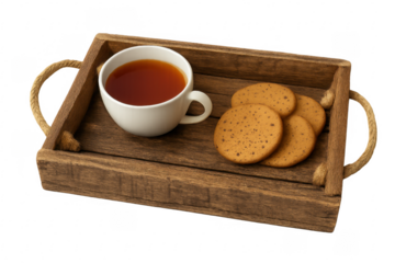 Wooden tray holding cup of tea and cookies on transparent background