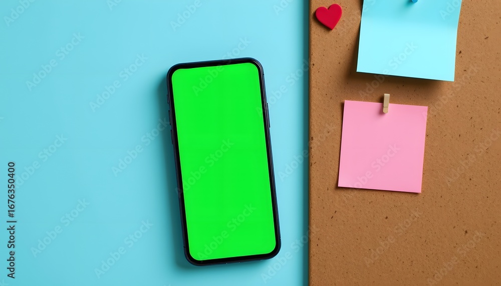 Poster digital interface with notes: a close-up showcases a modern mobile phone with a bright green screen.