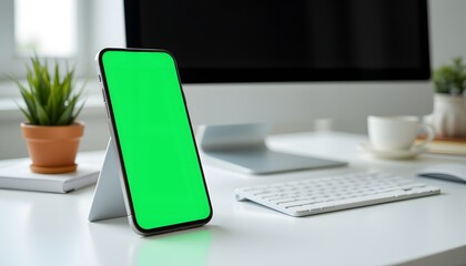Tech Workspace: A close-up shot reveals a modern workspace with a smartphone featuring a vibrant green screen, accompanied by a keyboard, computer monitor, and an office-themed decorations.