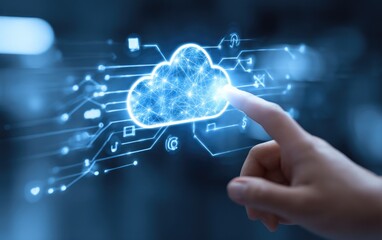Hand touching a glowing, digital cloud, representing cloud computing and connected data