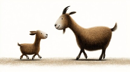 Fototapeta premium Goat family illustration cute baby goat and mother goat walking together farm animal art for kids room decor
