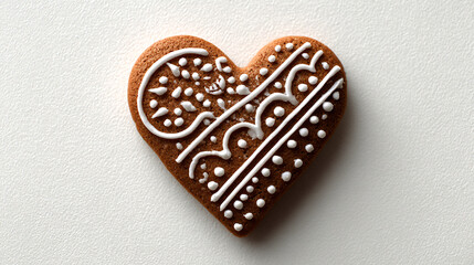 close-up of single decorated gingerbread cookie in heart shape with plain white icing lines on pale background, minimalist holiday dessert with negative space