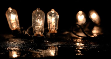 Warm lights in dark, reflecting on wet surface